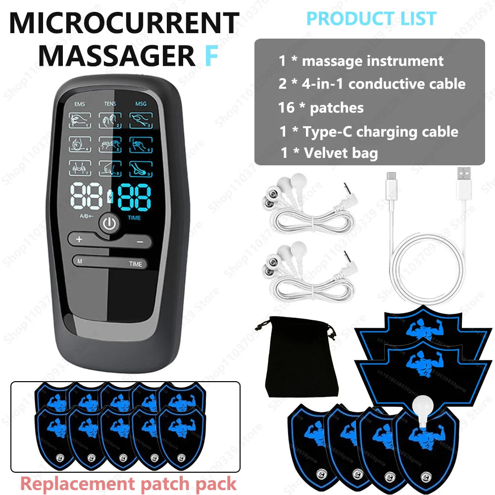Black microcurrent massager with digital display, conductive cables, USB-C cable, velvet bag, and 16 adhesive pads.