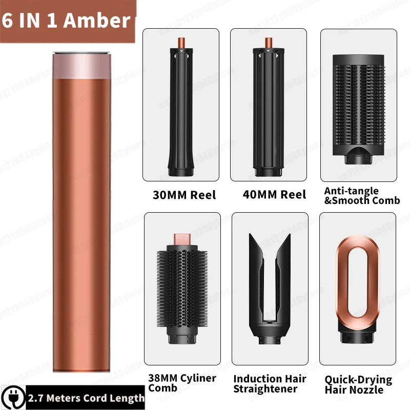 Amber 6-in-1 multi hair styler set with curling barrels, smoothing combs, dryer nozzle, and professional design.
