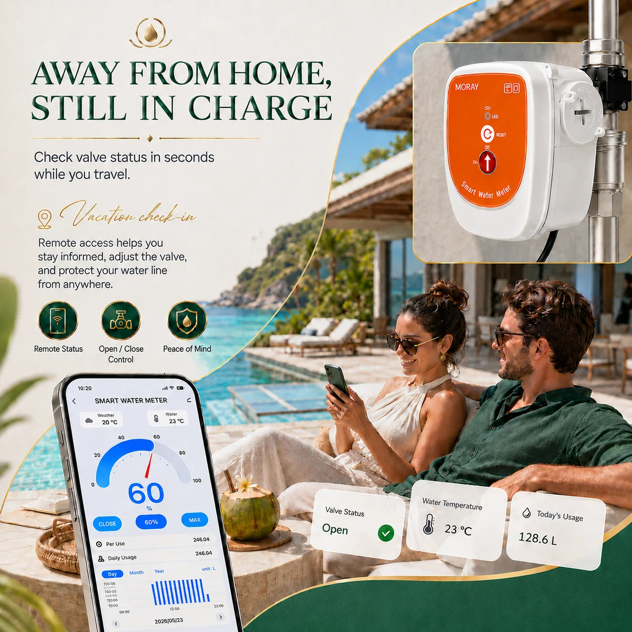 ME220FW WiFi Smart Water Valve Flow Meter 0-10000L DN15-DN25 Temperature Monitoring Supports Alexa and Google Assistant