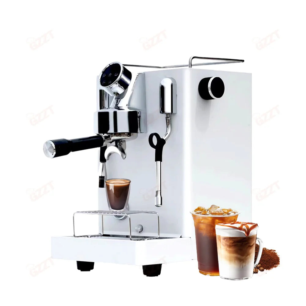 GZZT white professional espresso machine with chrome portafilter, steam wand, and digital display for home brewing.
