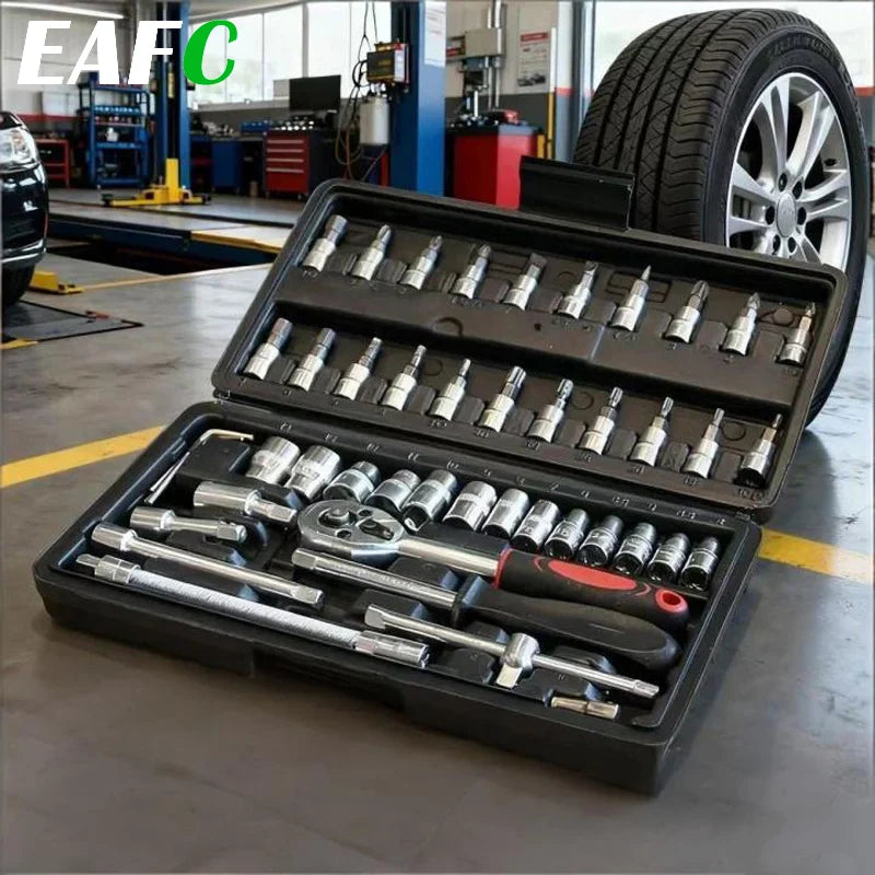 EAFC 46 PCs Automotive Repair Hand Tool Set Mechanic'S Tool Box 1/4"Socket Spanner Ratcheting Screwdriver Ratcheting Screwdriver