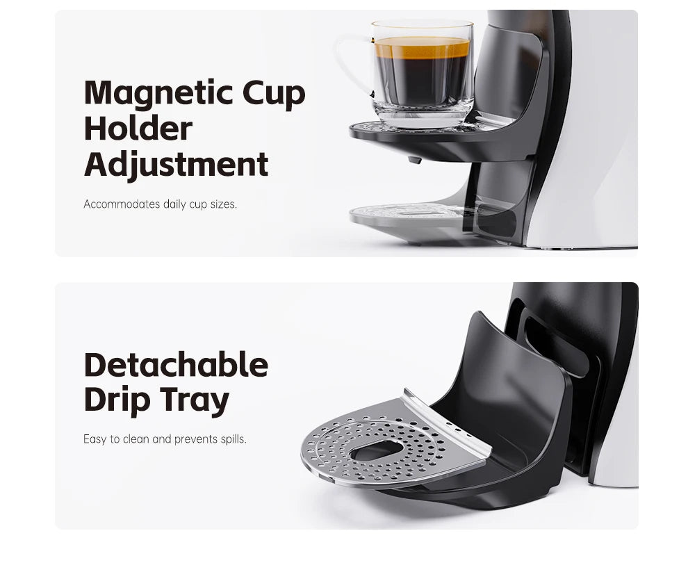White coffee maker showing adjustable magnetic cup holder and detachable stainless steel drip tray for easy cleaning.