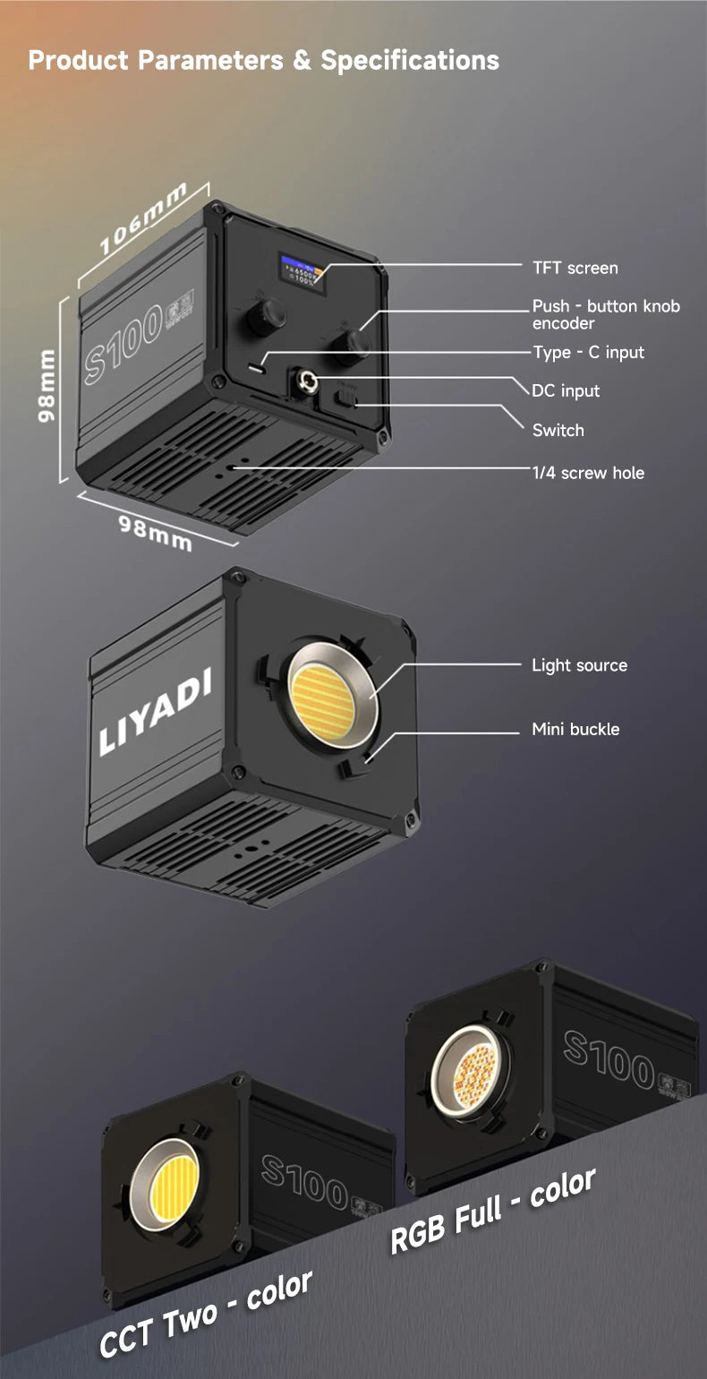 S100 portable LED video light with controls, screen, and COB light source, showing dimensions and connection ports.