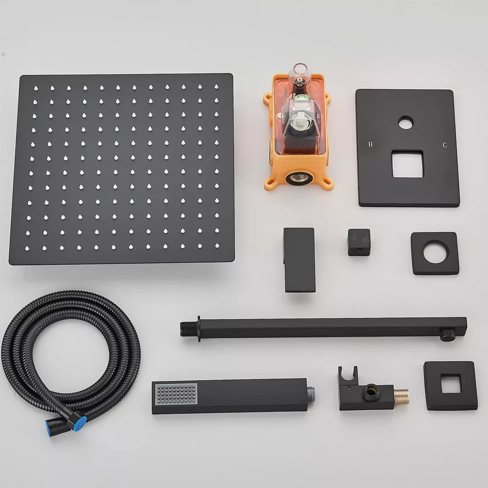 Matte Black Wall Mount Bathroom Shower Faucet 12/16" Rainfall Mixed Hot Cold Water Mixer Shower Tap with Hand Sprayer