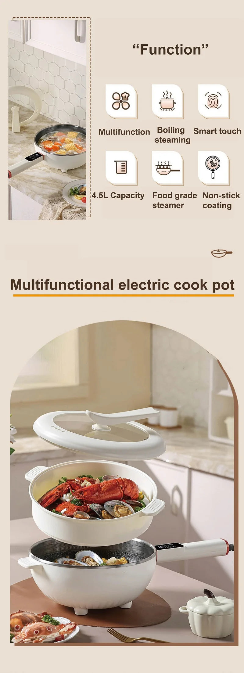 Electric multi-function cooking pot with lid and side handle, stacked steaming setup in base