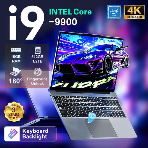 Silver 15.6" laptop with thin bezels, backlit keyboard, trackpad with fingerprint sensor, and 180-degree hinge.