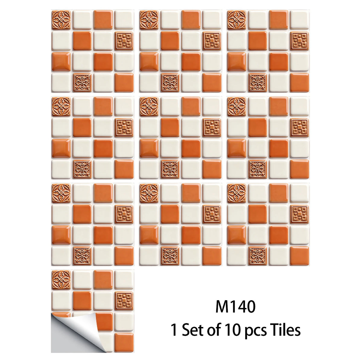 Mosaic tile wall decal set, orange and cream square 3D pattern stickers