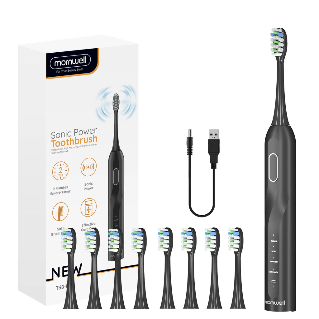 Mornwell T38 Electric Sonic Toothbrush USB Charge Rechargeable Waterproof Electronic Tooth Brushes 8 Replacement Heads Adult