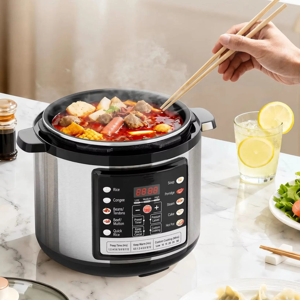 Electric pressure cooker with lid closed and steam vent on top