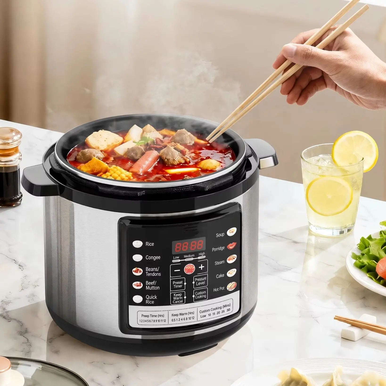 Electric pressure cooker with lid closed and steam vent on top