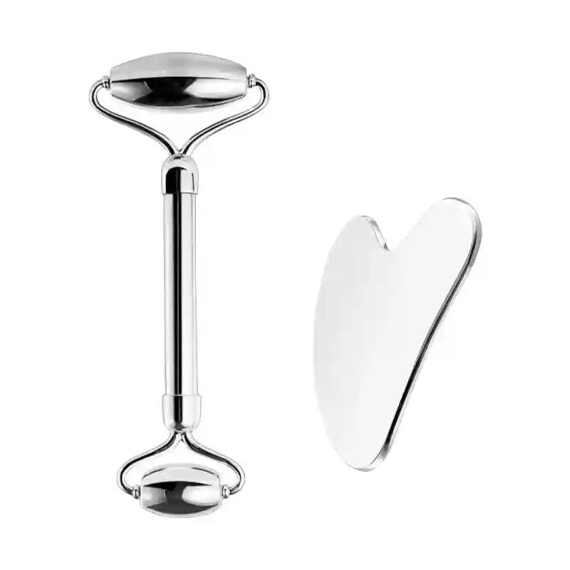Shiny silver stainless steel facial roller with dual heads and a heart-shaped gua sha massage tool.
