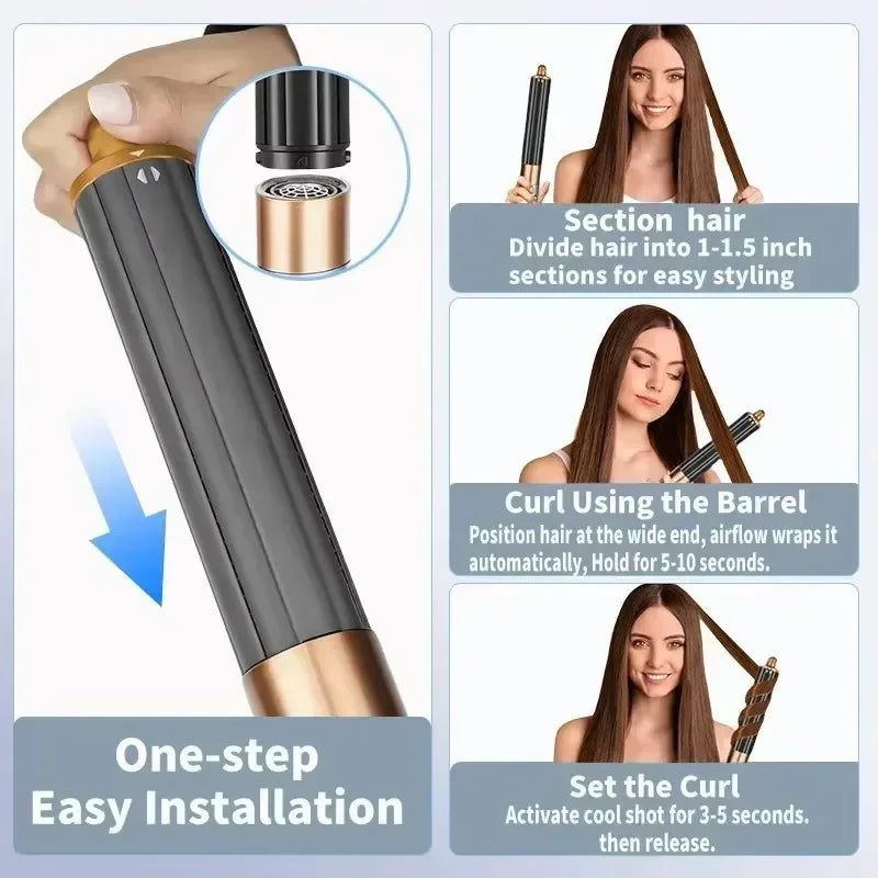 SenCiciMen 6-in-1 gold and black hot air hair styler with curling barrel attachment and easy-installation instructions.