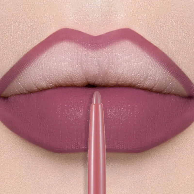 Matte mauve lip liner pencil creating a precise, waterproof, and velvet-smooth finish on defined lips.