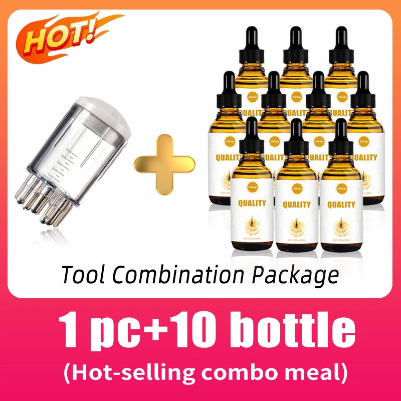 Portable scalp applicator liquid comb with 10 dropper bottles for hair loss treatment and scalp care oil application.