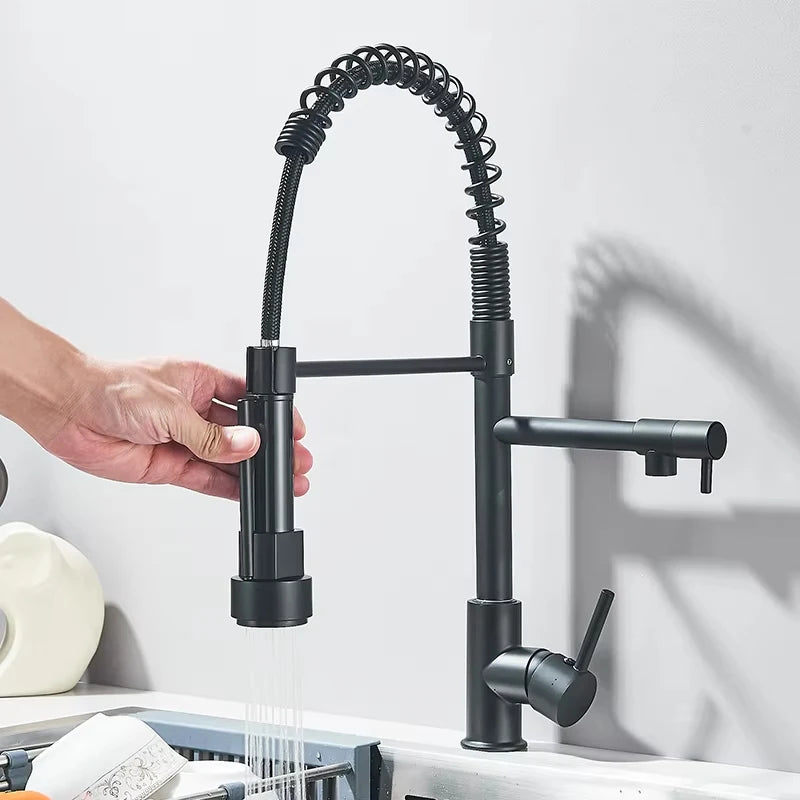 Pull Down Kitchen Sink Faucet Hot Cold Water Mixer Crane Tap with Dual Spout 360 Rotation Deck Mounted