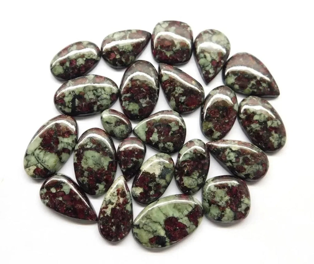 Loose gemstone cabochon lot of polished freeform ovals and teardrops, green with dark red speckles