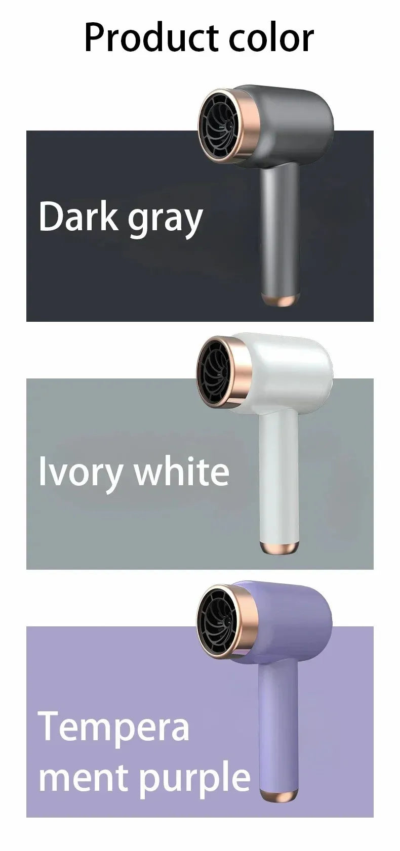 Portable USB rechargeable hair dryers in dark gray, ivory white, and purple with sleek gold-accented nozzle designs.