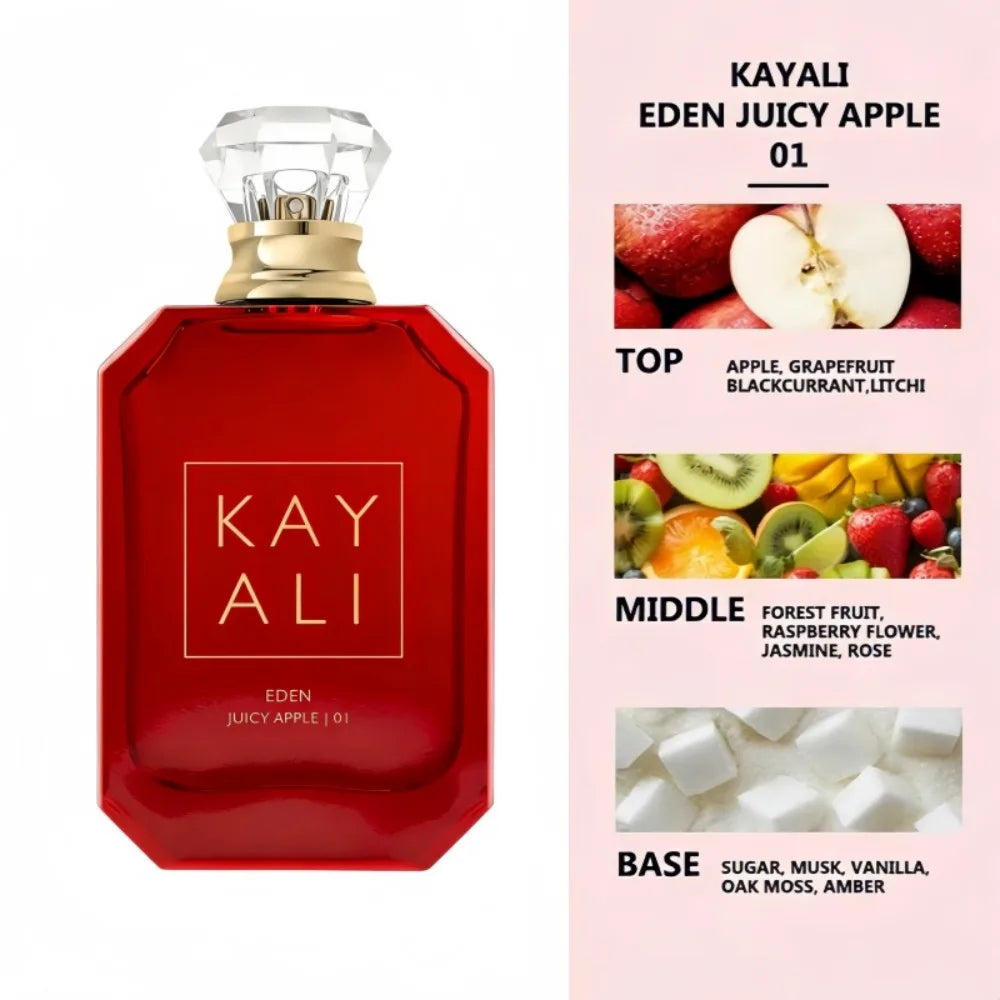 Kayali Eden Juicy Apple 01 perfume, red glass bottle, fruity notes of apple, jasmine, vanilla, unisex EDP fragrance.