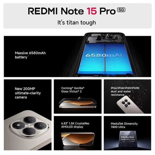 Redmi Note 15 Pro 5G features: 6580mAh battery, 200MP camera, Dimensity 7400-Ultra, AMOLED display, and water resistance.