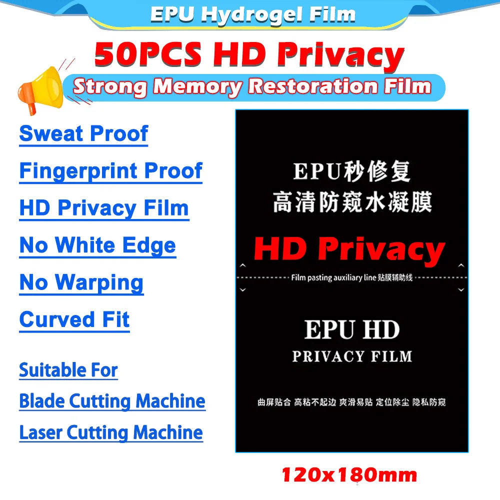 50Pcs MZSeries 120x180mm Matte Anti-peep HD Privacy Flexibility Hydrogel Film For Mobile Phone Screen Protector Cutting Machine
