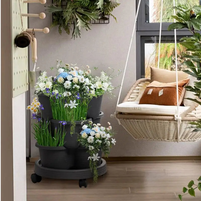 4pcs/set Stackable Vertical Flower Pot Plastic Garden Planter Tower with Movable Casters Strawberry Seedling Frame Decoration