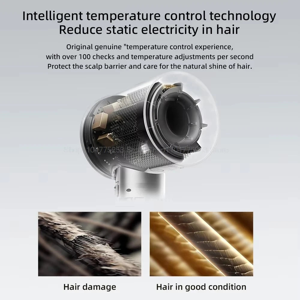 Leafless ionic hair dryer with intelligent temperature control for frizz-free, shiny hair and scalp protection.
