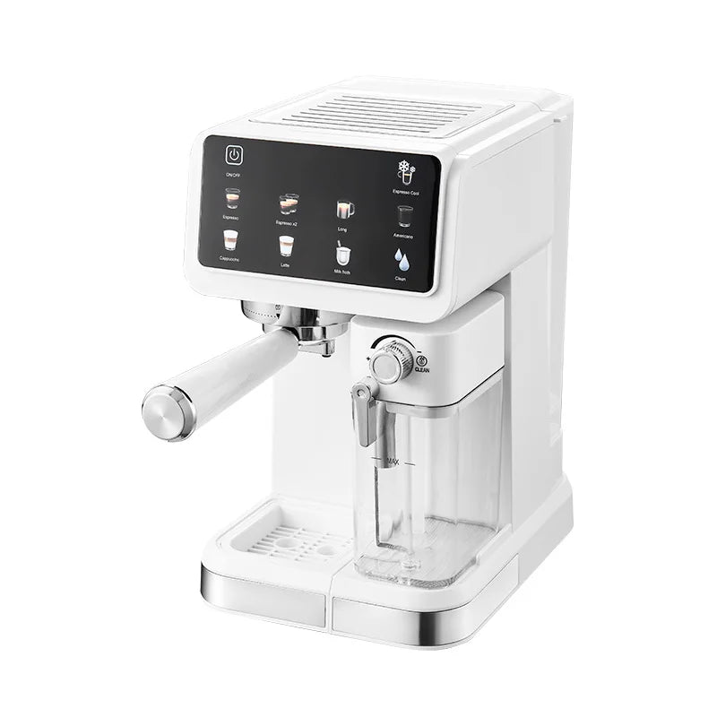 Modern white espresso coffee machine with touchscreen display, milk frother, and portafilter for home barista brewing.