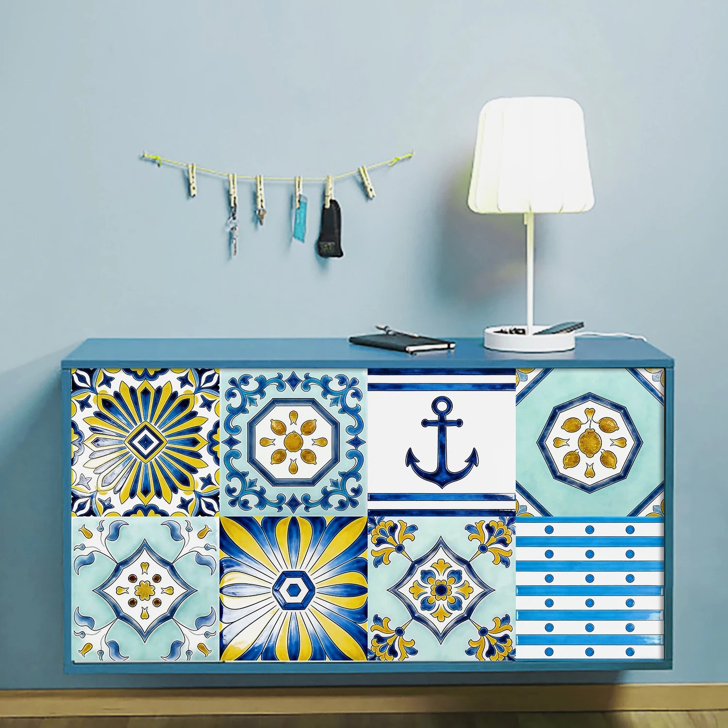 16pcs Portuguese Azulejo Tile Decals - Blue Yellow Floral Geometric Self-Adhesive Wall Stickers for Home Decor