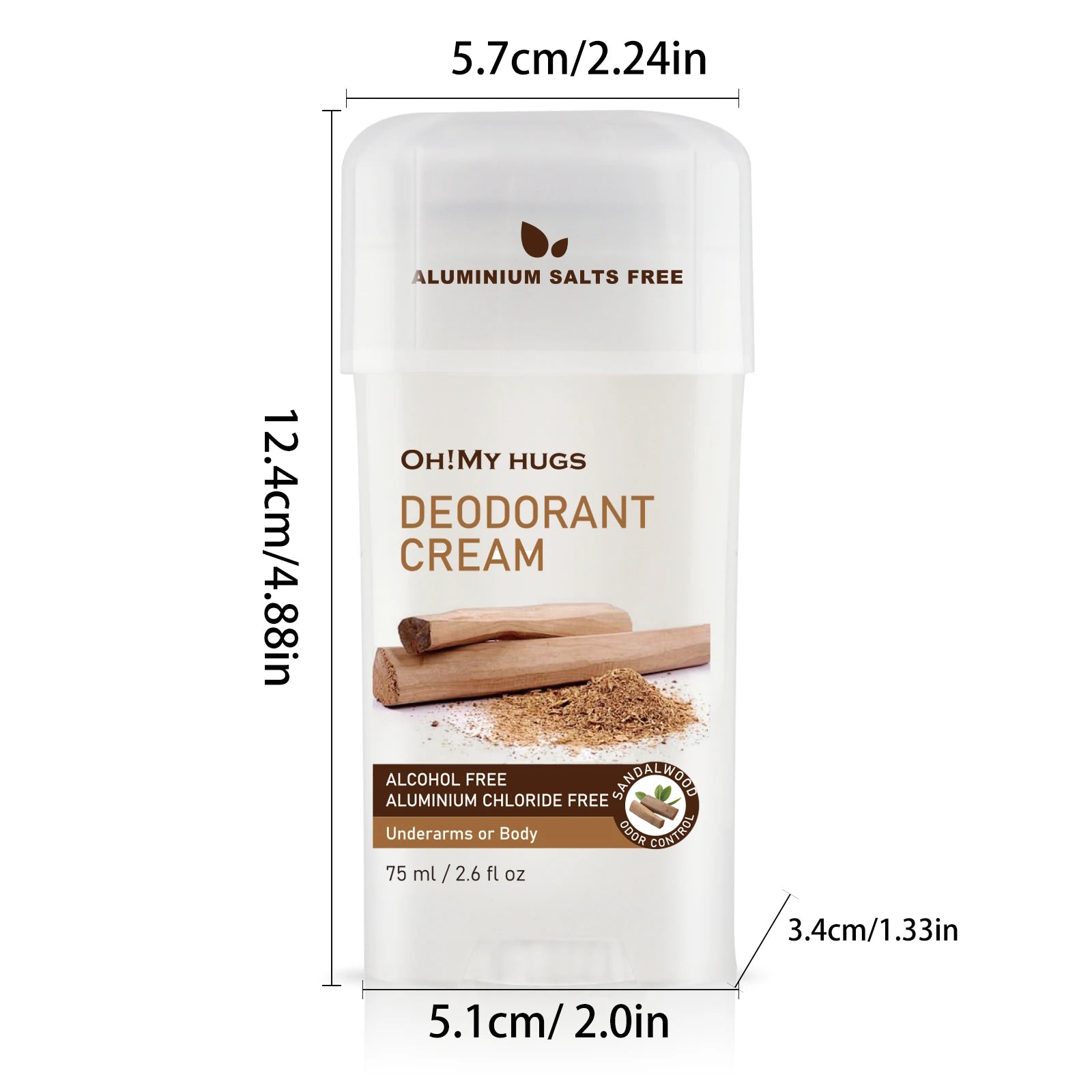 Persistent Sandalwood Deodorizing Cream in a white twist-up tube with wood-themed label and product dimensions.