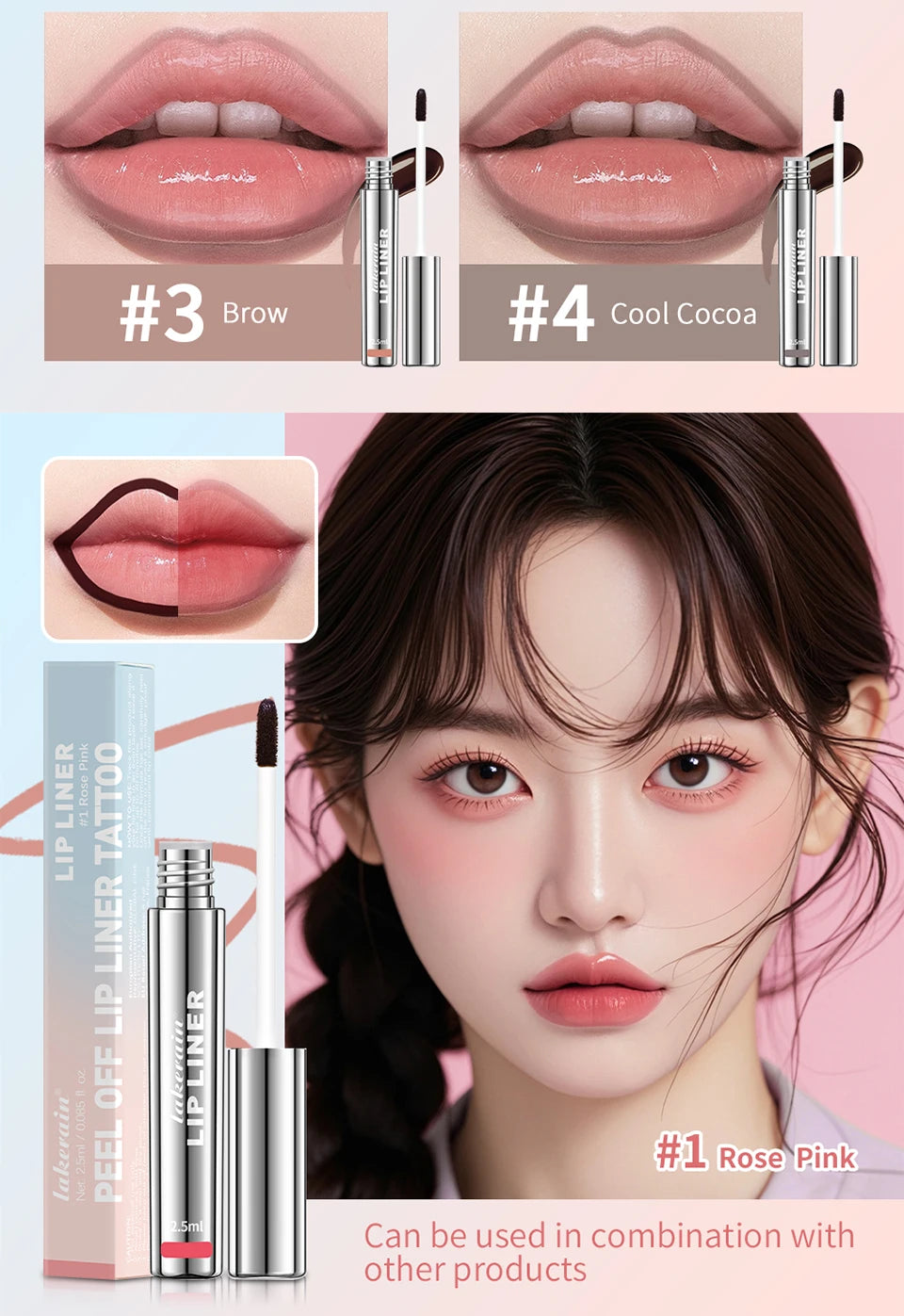 Waterproof matte peel-off lip liner tattoo in 4 shades. Long-lasting, moisturizing liquid lip makeup for defined lips.