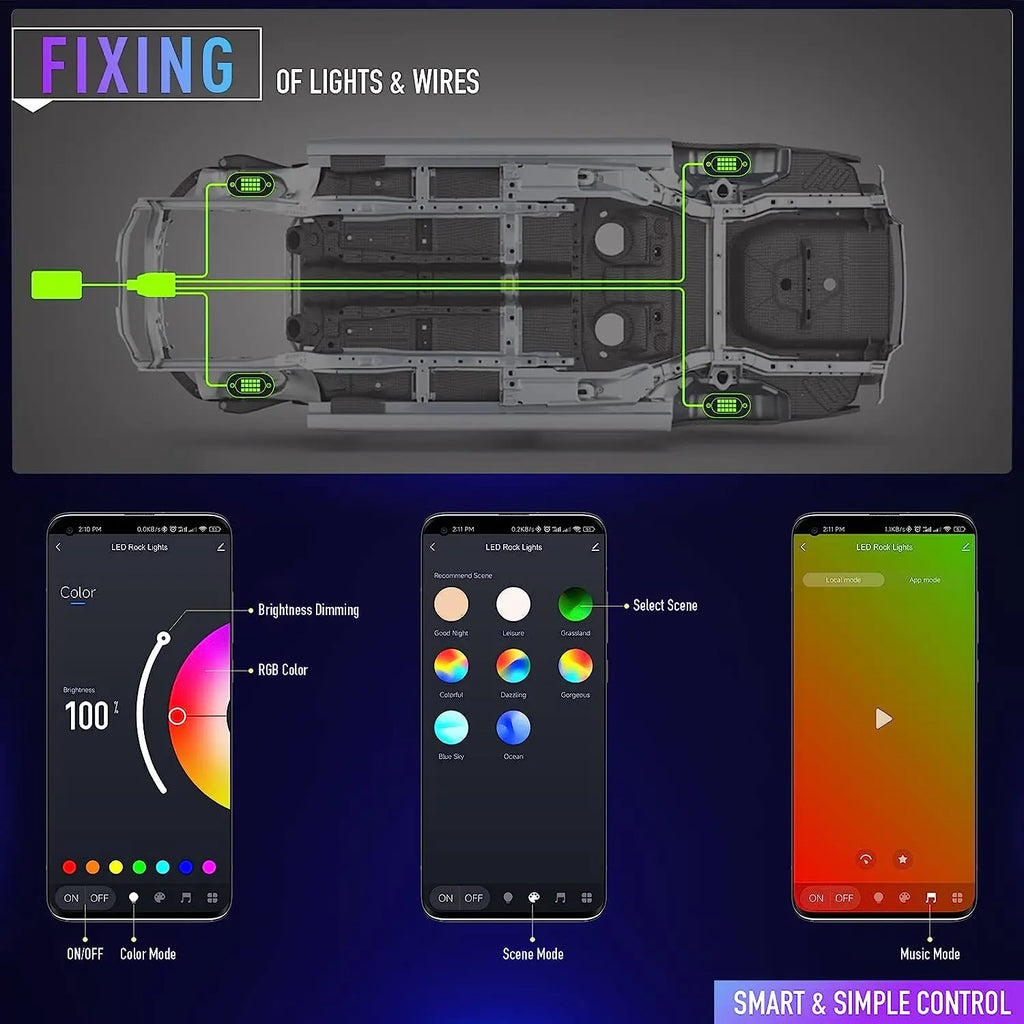 RGB LED Rock Lights for Trucks - App Controlled Neon Underglow Kit Tidesmit