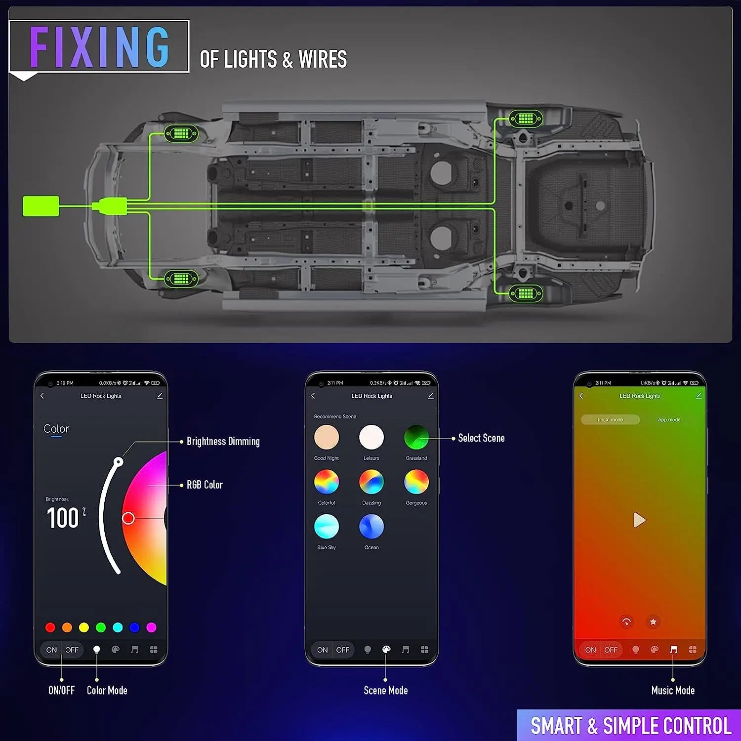 RGB LED Rock Lights for Trucks - App Controlled Neon Underglow Kit Tidesmit