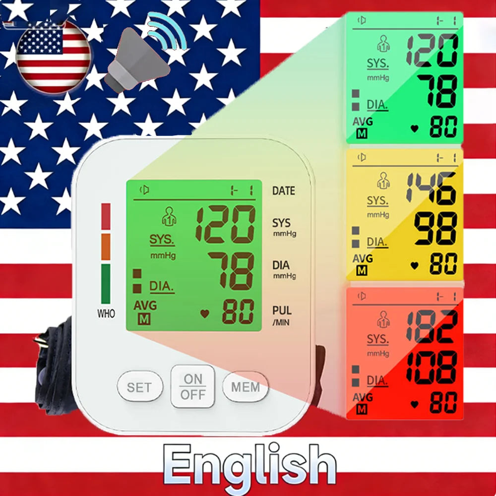 Upper Arm Blood Pressure Monitor Automatic Cuff Tonometer Digital Tensiometer Rechargeable Blood Pressure Meter Heart Rate Meter