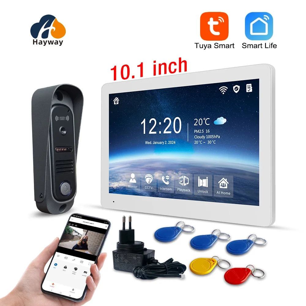 Video intercom kit with white 10.1 inch monitor, door unit, power adapter, and key fobs
