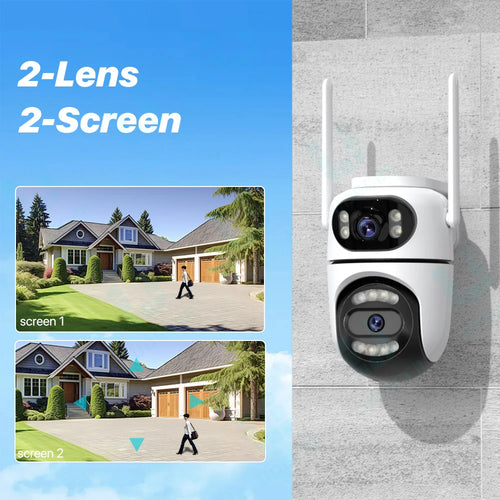 Wall-mounted dual-lens PTZ security camera with two lens domes and two Wi‑Fi antennas