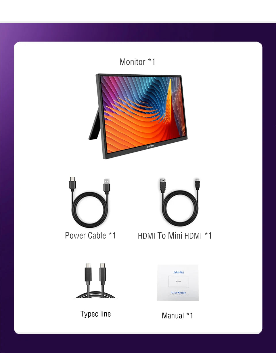 Anmite 18.5inch Portable Monitor 120Hz RGB100% With VESA Hole & Back bracket Laptop Extended Display ADS-IPS HDR Screen