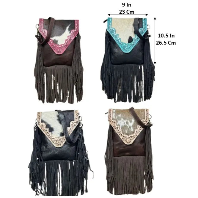 Vintage floral tooled cowhide fringe crossbody bags in assorted colors. Genuine leather designer shoulder handbags.
