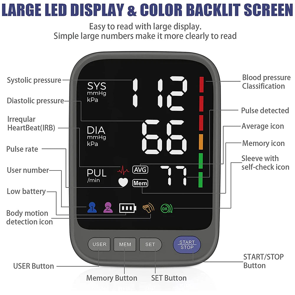 Kingclinic Blood Pressure Machine, Automatic Digital Upper Arm Blood Pressure Monitor with Adjustable Large Cuff