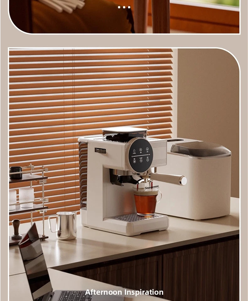 Modern white Sincepresso espresso machine brewing coffee on a kitchen counter with a matching water tank.