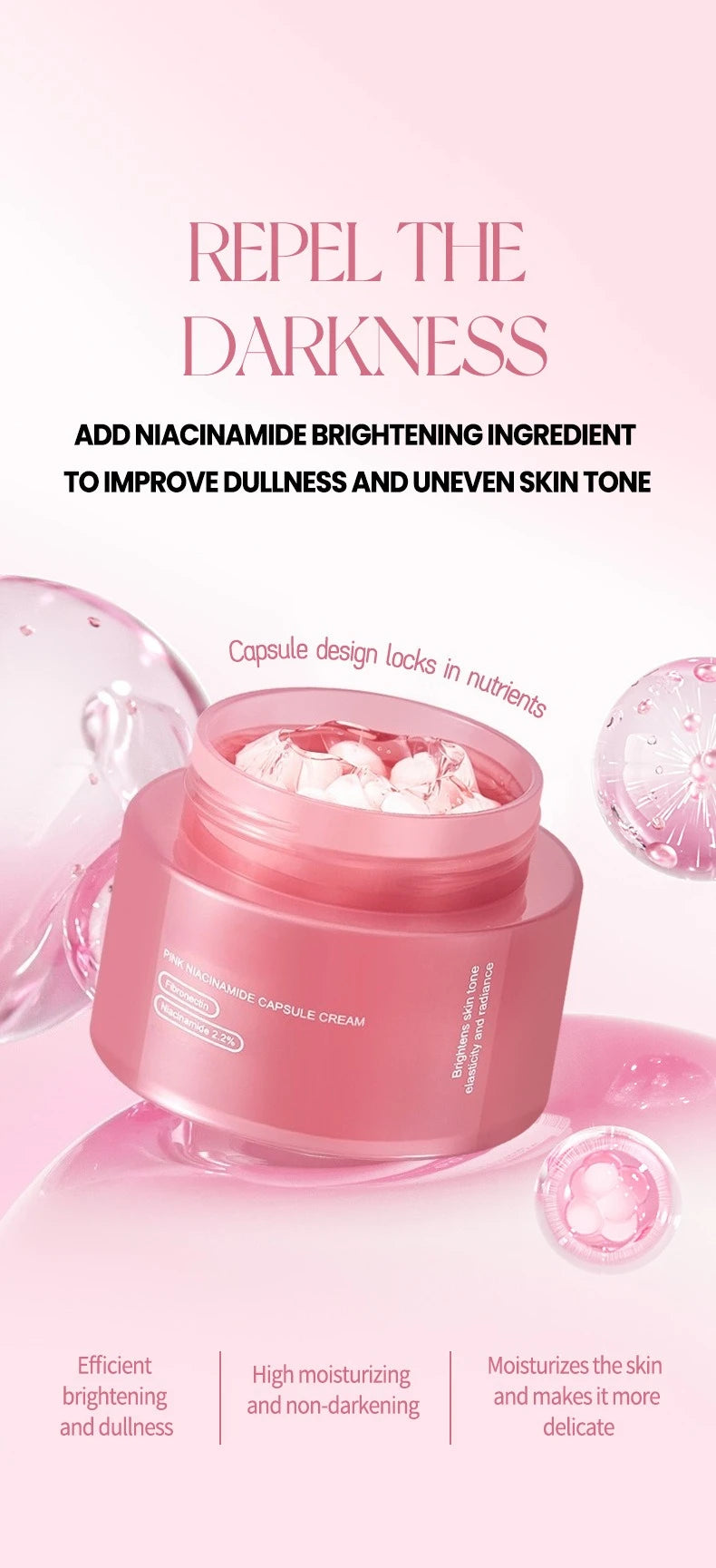A pink jar of collagen capsule face cream surrounded by floating, translucent pink nutrient capsules.