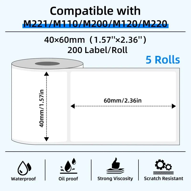 White coreless thermal label paper roll, 40x60mm size diagram for 5 rolls.