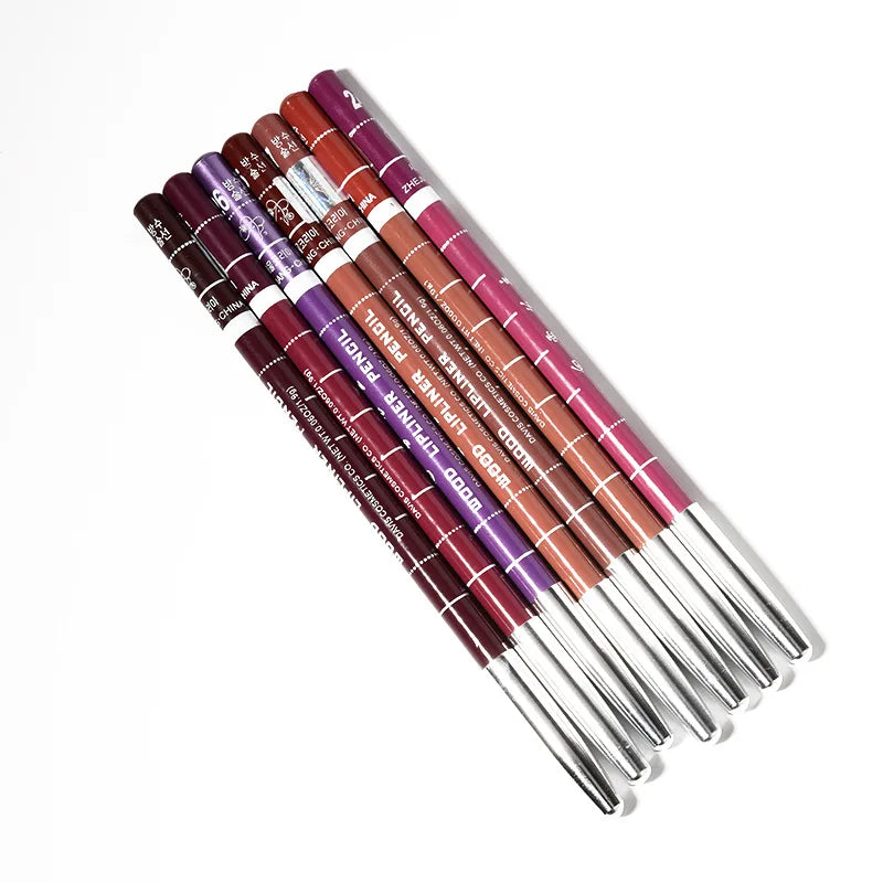 Set of multi-colored velvet matte lip liner pencils in a range of red, brown, and purple shades for precise lip makeup.