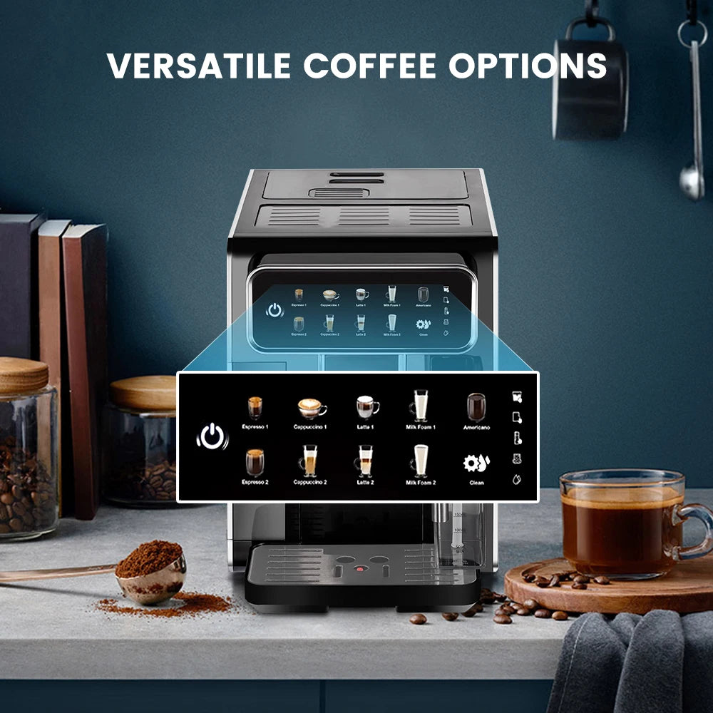 Black automatic espresso machine with touchscreen menu for espresso, cappuccino, latte, and milk foam on kitchen counter.