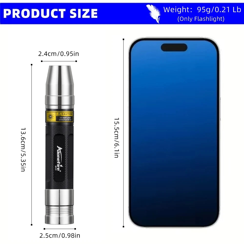 3-in-1 USB rechargeable UV flashlight for pet stain detection, measuring 5.35 inches. Compact metal detection torch.