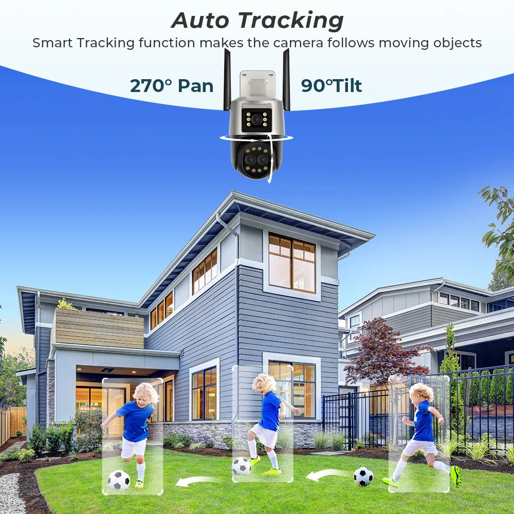 9MP 4.5K Three Lens WIfi  IP Camera Outdoor 8X Zoom Dual Screens AI Human Detect Auto Tracking  Home Security CCTV Surveillance