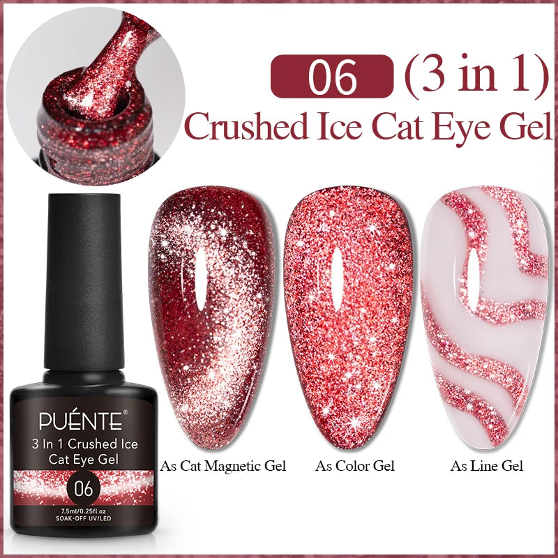3-in-1 red crushed ice cat eye gel polish in 7.5ml bottle, shown as magnetic, glitter, and line nail art.