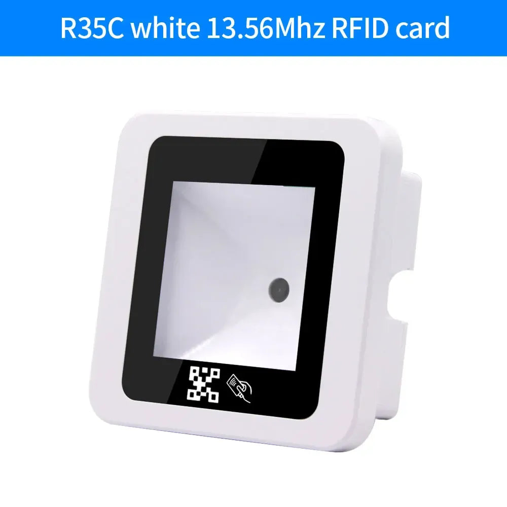 White RFID QR code reader with black frame, square display window, and scan icon