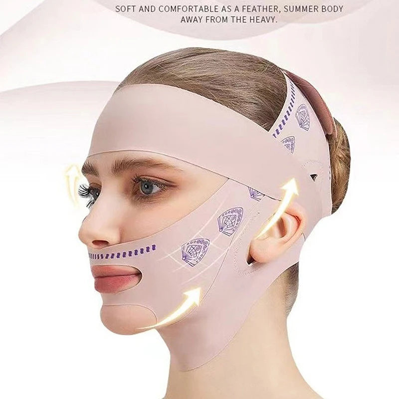 Woman wearing a pink V-line face slimming bandage strap for facial lifting and double chin reduction.