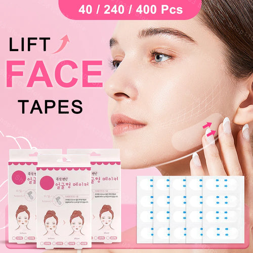 Face lift tape stickers set with boxed packs and pre-cut skin-colored patches