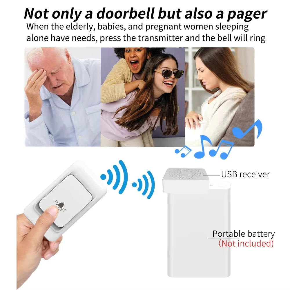 USB Doorbell - Wireless Home Smart Ultra-Long-Range Remote Control Doorbell - USB Power Supply - Elderly Call Reminder Device